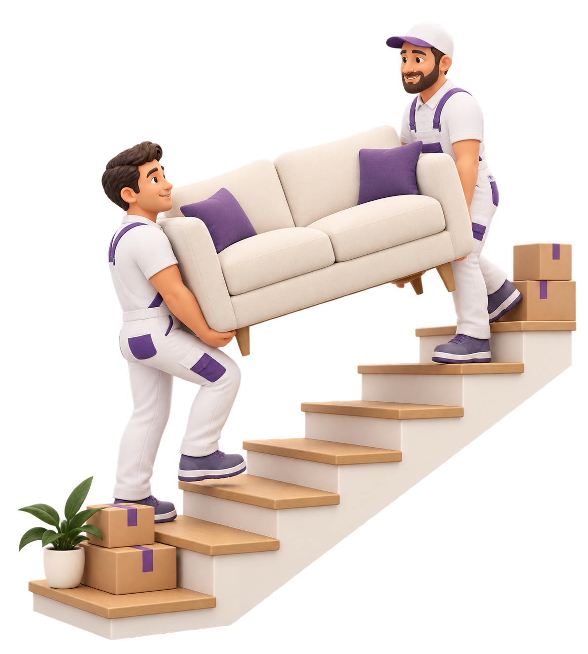 Zwei Möbelpacker tragen ein Sofa über eine Treppe